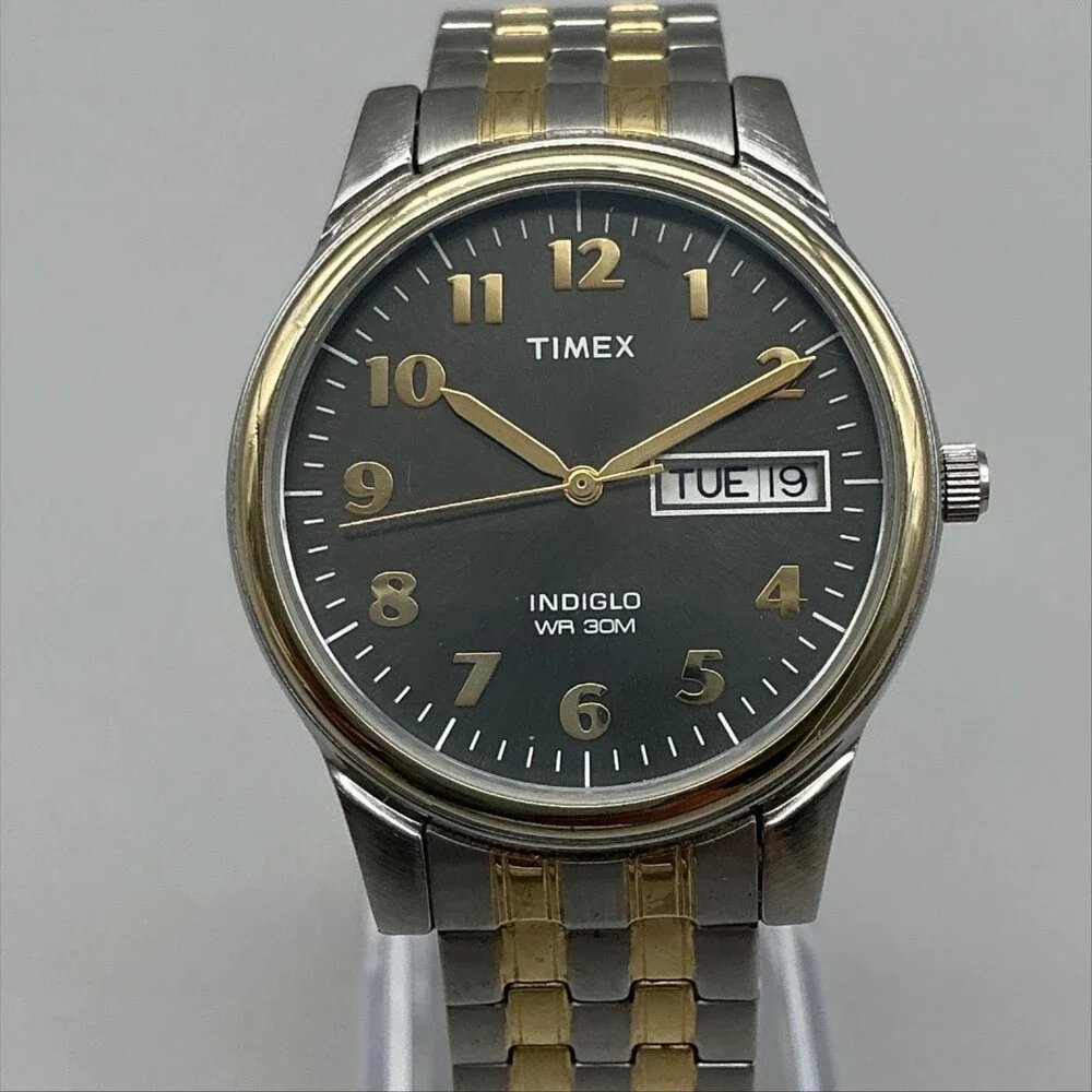 Timex Indiglo Mens Watch 35mm Black Dial Two Tone Bracelet Day Date New Battery